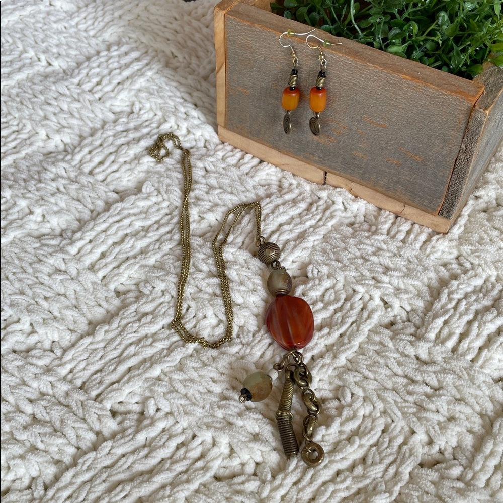 Bohemian Long Statement Necklace with Chunky Beaded Pendant and Earring Set